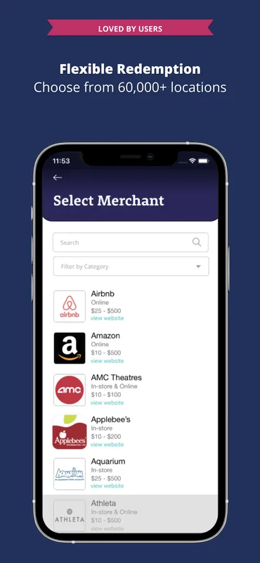 Guusto app merchant selection screen with 60,000+ redemption locations