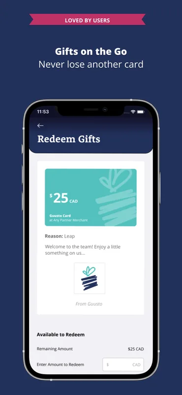 Guusto app redeem gifts screen showing a Guusto gift card
