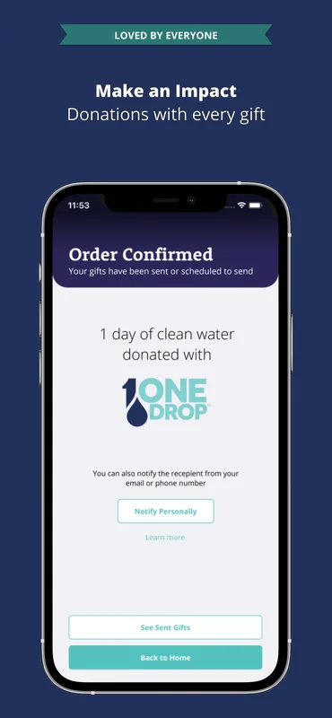 Guusto app order confirmation screen with a charity donation tie-in