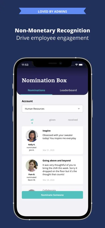 Guusto app nomination box with nominations and leaderboard tabs